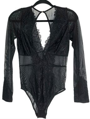 Women's Black Lace Mesh Long Sleeve Bodysuit Medium Goth Coquette Dark Romantic